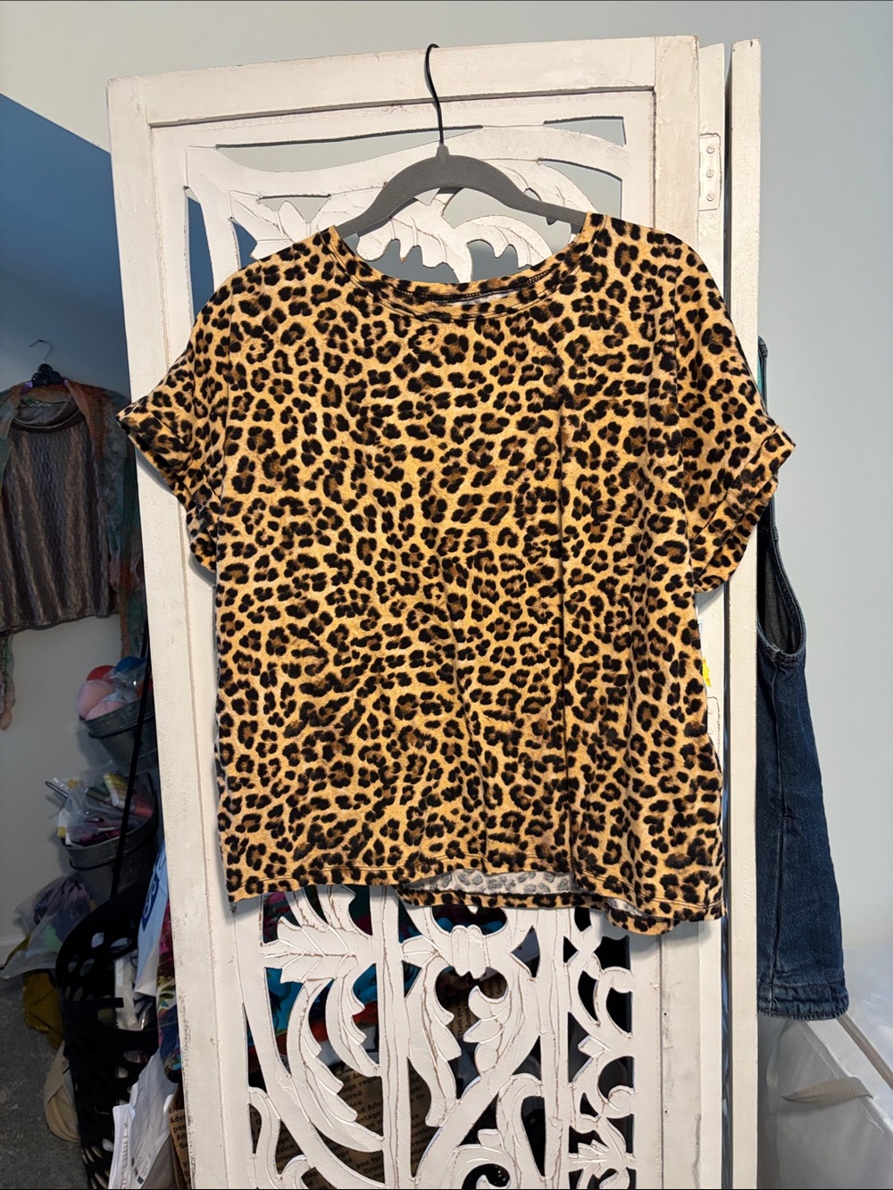 Leopard Print Short Sleeve Women's Top - Black & Tan